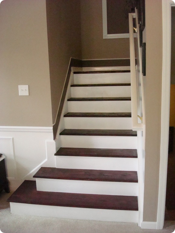 stained stairs with white risers